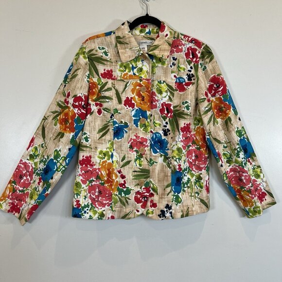 Coldwater Creek Floral Button Front Hip Length Jacket 100% Cotton Tan M - Picture 1 of 9